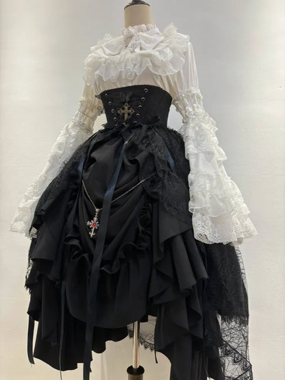 Schwarzes Lolita-Korsett mit hoher Taille und Kordelzug / Gothic-Rock mit Stäbchen