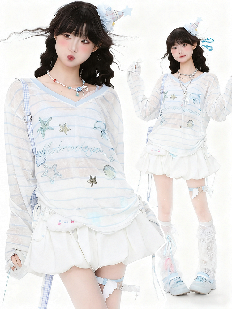 Print with Semi-Sheer Striped White Top Long-Sleeve Oceanic