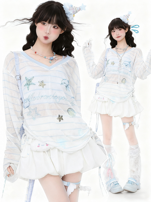 Print with Semi-Sheer Striped White Top Long-Sleeve Oceanic