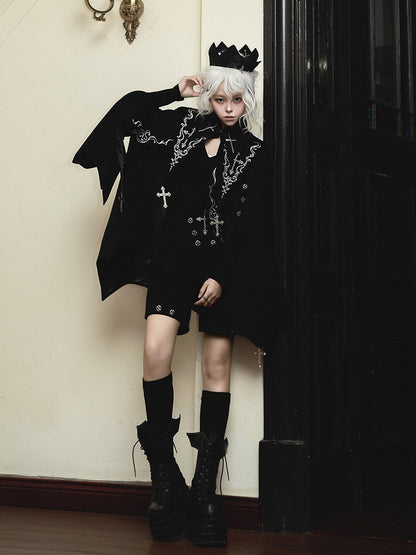 Hem Sleeves Cross Shorts Black Ouji Lolita Curved + Embroidery Bat-Wing Cape Long Top Gothic