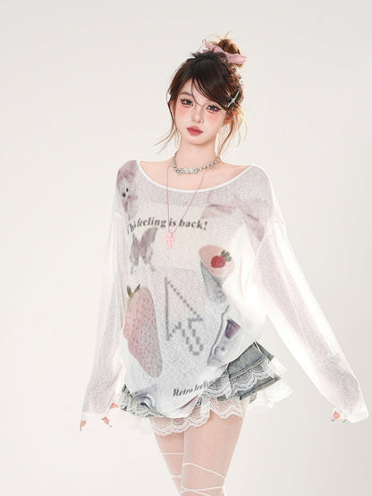 Erdbeerdruck Asymmetrischer Ausschnitt Weiß/Pink