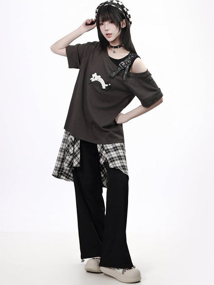 Asymmetrical Plaid Overlay Straight-Leg Pants - PINK SAVIOR
