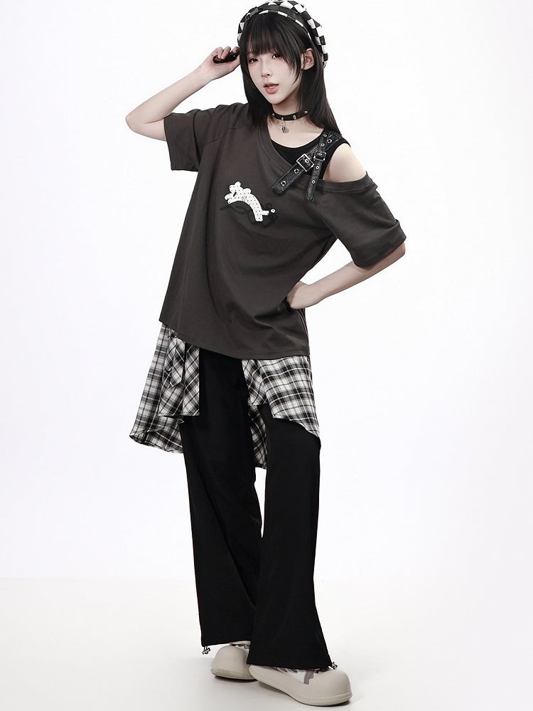 Gray Asymmetrical T-Shirt with Leopard Print and Buckle Strap - PINK SAVIOR