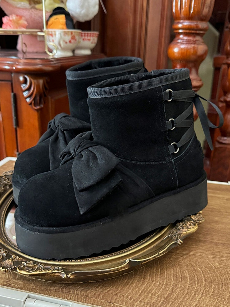 2.5cm Platform Sole Black Winter Boots for Lolita - Decorative Front Bow & Adjustable Back Lacing