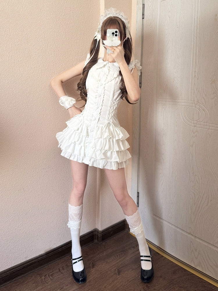 Sweet Kawaii White Peter Pan Collar Flutter Sleeves Tiered Dress - Jasmine White Original Design