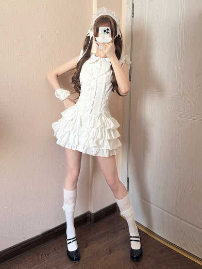 Sweet Kawaii White Peter Pan Collar Flutter Sleeves Tiered Dress - Jasmine White Original Design