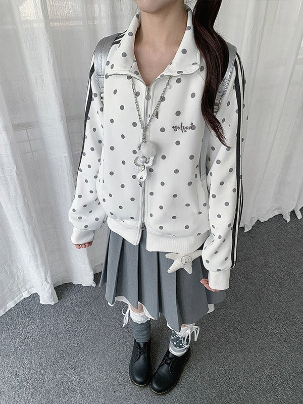 White Y2K Polka-Dot Zip-Up Jacket with Stand Collar & Striped Accents - Solkatt