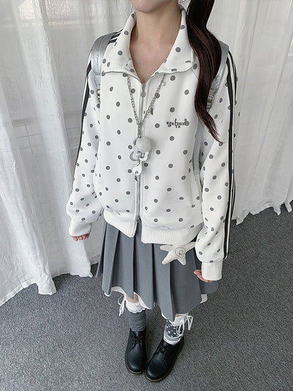 White Y2K Polka-Dot Zip-Up Jacket with Stand Collar & Striped Accents - Solkatt