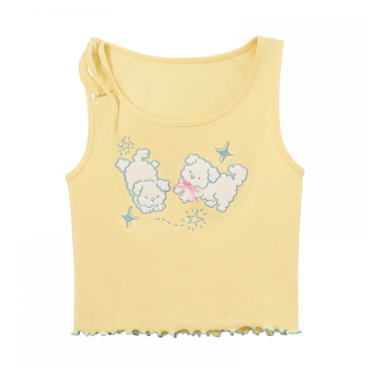 セルフタイイエローパピー刺繍レタス裾タンクトップストラップショルダー付き