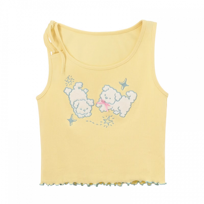 セルフタイイエローパピー刺繍レタス裾タンクトップストラップショルダー付き