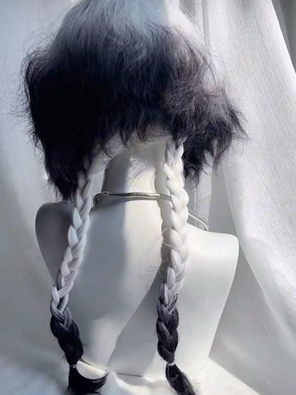 Wig Ombre with Full Black White Wavy Short Braids Bangs