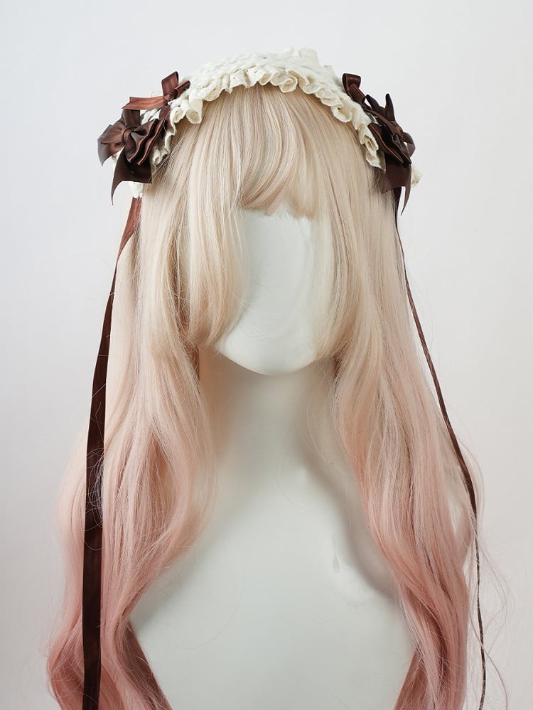 Sweet Lolita Coffee Bows Ruffled Lace Trim Hairband