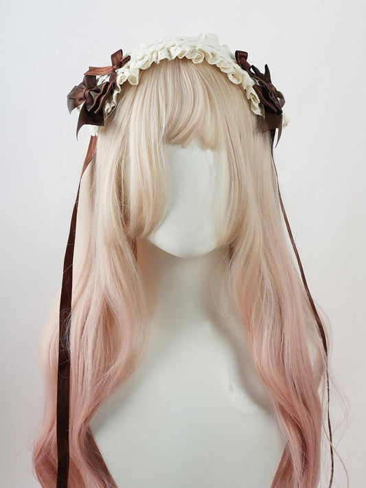 Sweet Lolita Coffee Bows Ruffled Lace Trim Hairband