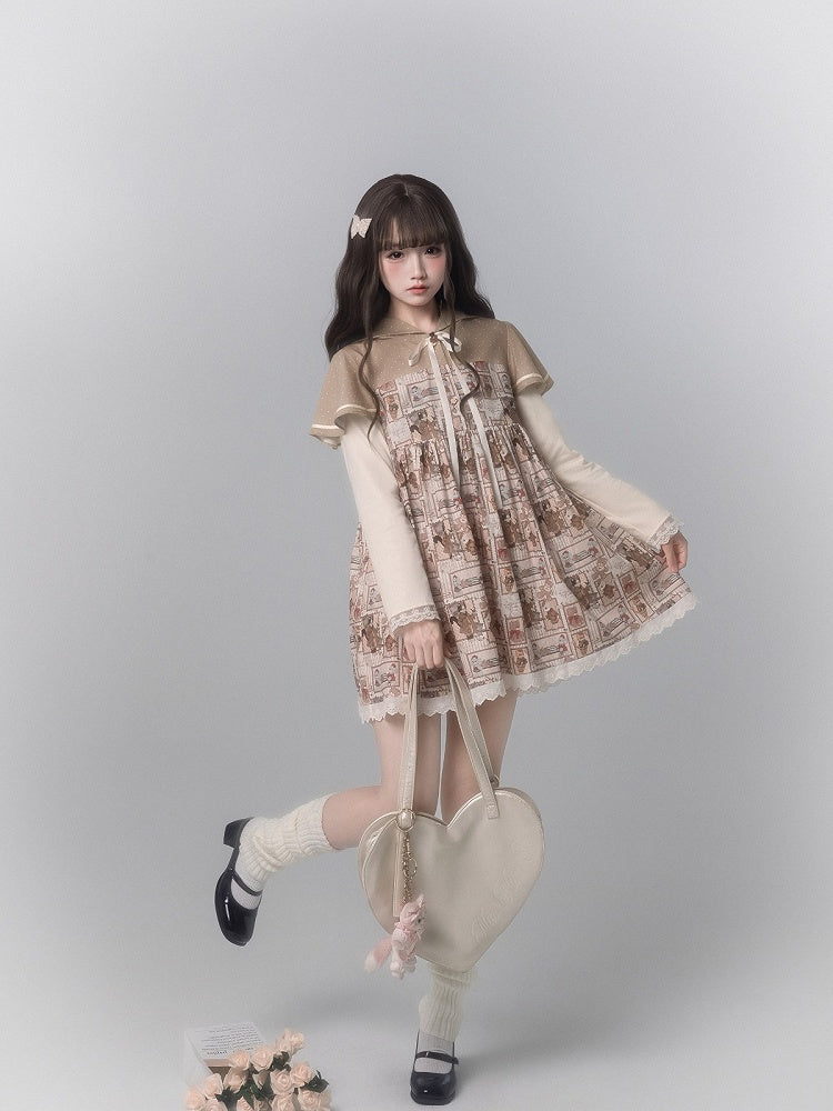 Dress Light Brown Cape Cute With Design Long Print Sleeve Ear Fashion Bear Hooded Kawaii