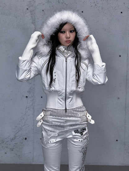 Hoodie Placket Two-Way Wasteland White Knitted Jacket Sleeves with Zip Punk
