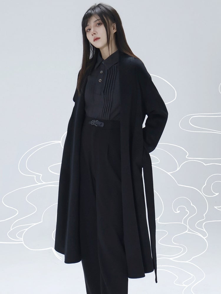 with Slit Black Open Belt Ouji Coat Side Placket Design Hem Unisex Set