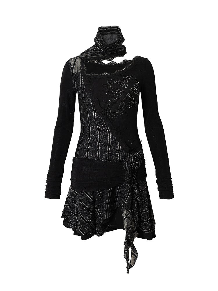 Schwarzes, gerüschtes, asymmetrisches Strass-Kreuz mit Kleidhalssaum