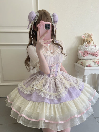 Frog Chinoiserie Dress Fresh JSK Ballet-Inspired Button Lace Trim Purple Lolita