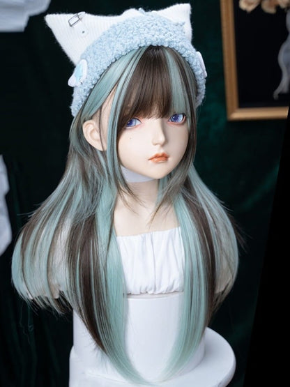 Mint Green & Chocolate Highlight 73cm Straight Full Bangs Wig - Alice Garden