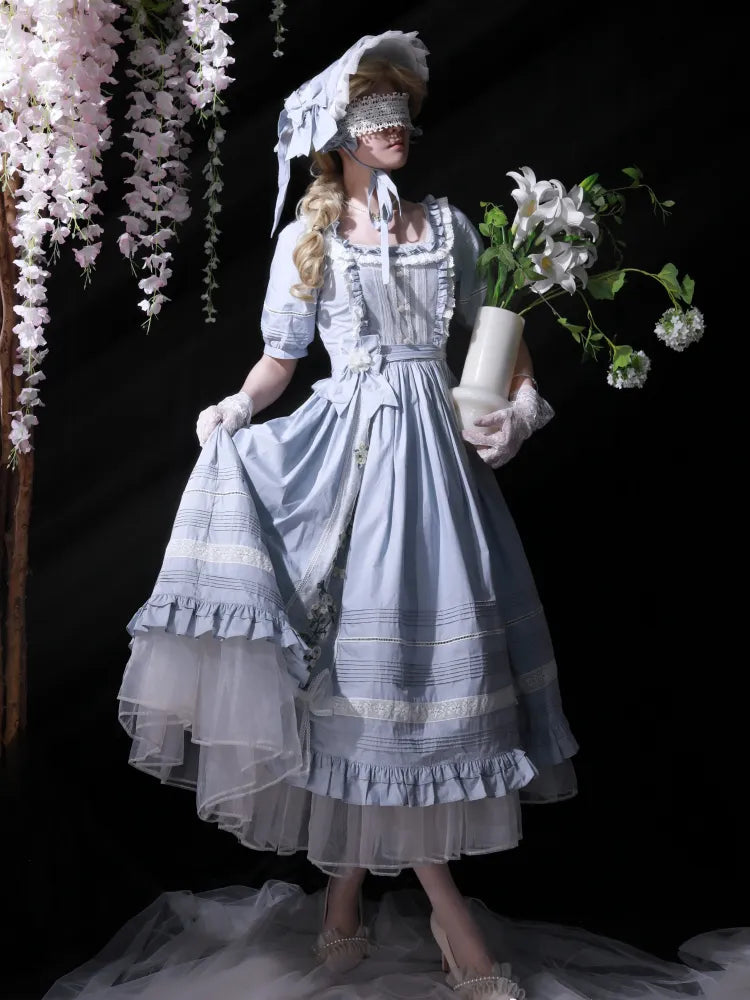Embroidery Dress Cotton Lolita Blue Square Jasmine Neckline
