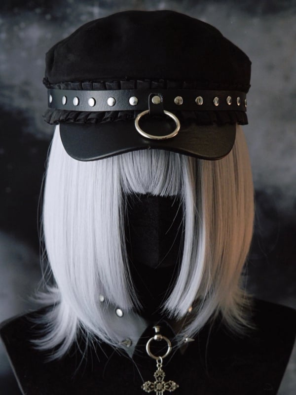 Black Studs Details Beret Gothic Trim Hat Ruffled