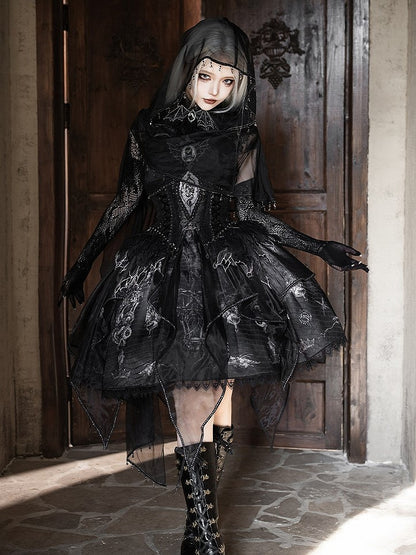 Black & Gray Bone Dragon Embroidery Halter Neck Gothic Lolita Dress Set - Ying Luo Fu