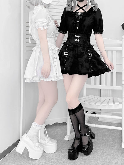 Knot Cheongsam Jacquard Skirt Buckle Style Jirai Kei Black Straps Techwear Buttons with