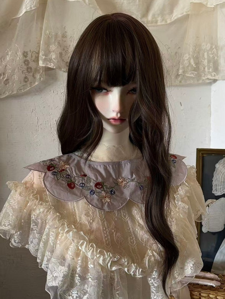 Purple Berry-Themed Floral Dress with Waist Belt and Collar Accessory - Zoncel