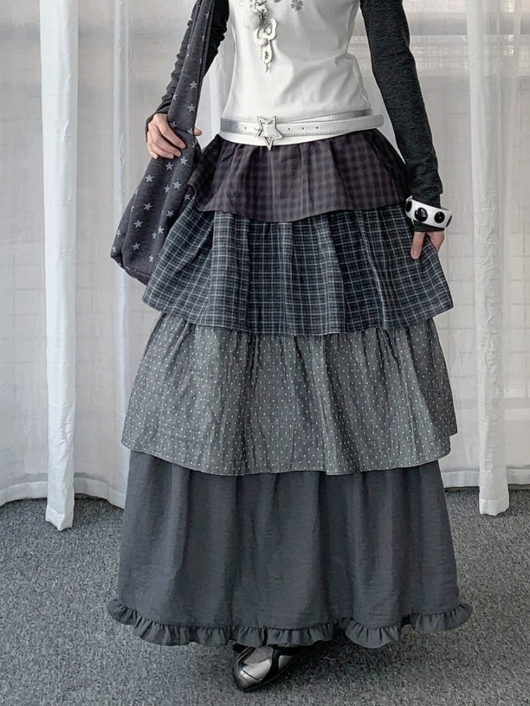 Dark Gray Plaid and Polka Dot Layered Ruffle Skirt - Solkatt