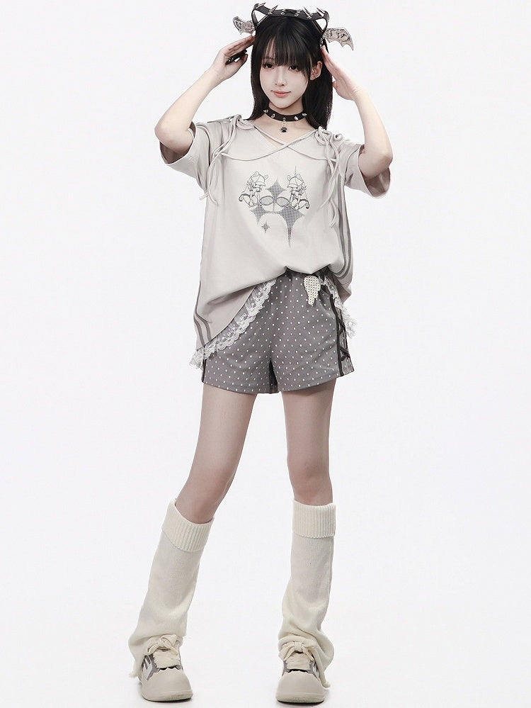 Summer Light Gray Cartoon Print V-Neck Top with Ties and Lace - PINK SAVIOR