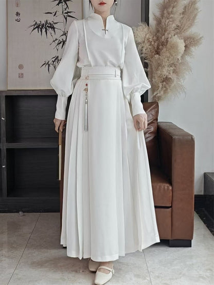 Balloon Mandarin White Chinese Sleeve Cuffs Button Style with Top Sleeves Collar - Snap Long