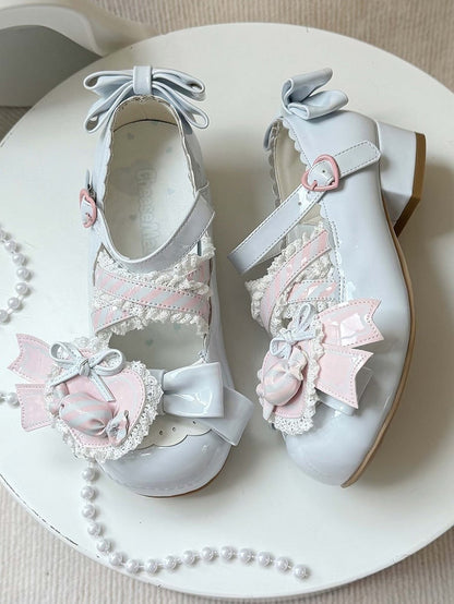 - Low Heels Pink mit Clip Style Lolita Sweet A Candy-Decorated Heart Shoe Bow Blue
