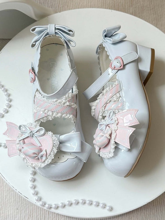 - Low Heels Pink with Clip Style Lolita Sweet A Candy-Decorated Heart Shoe Bow Blue