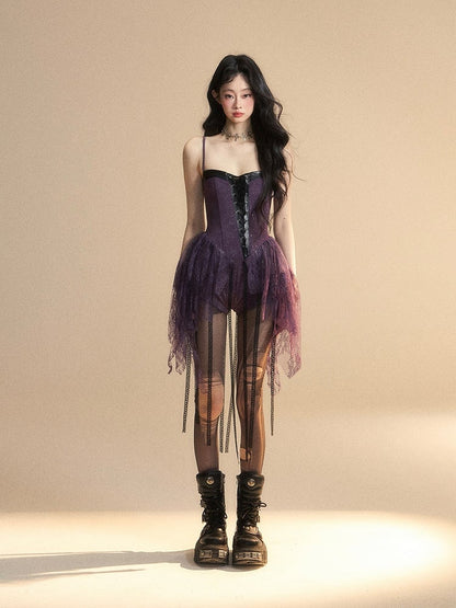 裾スリップドレスフロントアシンメトリーレースディテールショーツパープルバスクウエストレースアップグラマラス