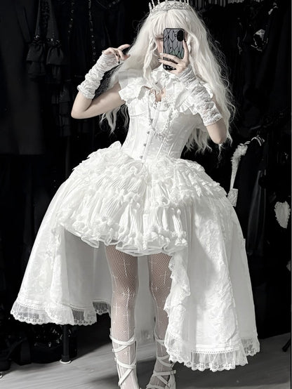 Gothic Lolita Boned Corset Top with Tiered Skirt and Collar in All White - Somnium Isle