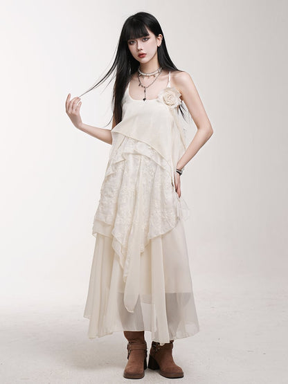 Slip Detail Rose with Dress Apricot Skirt Ankle-Length A-Line Multi-Layered