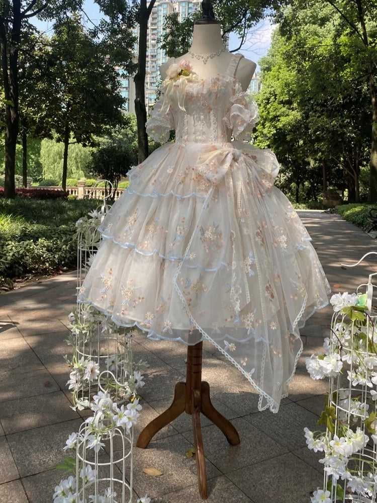 White Elegant JSK Apricot Floral Lolita Painting-Inspired Hanayome-Style Short Embroidered Oil Dress