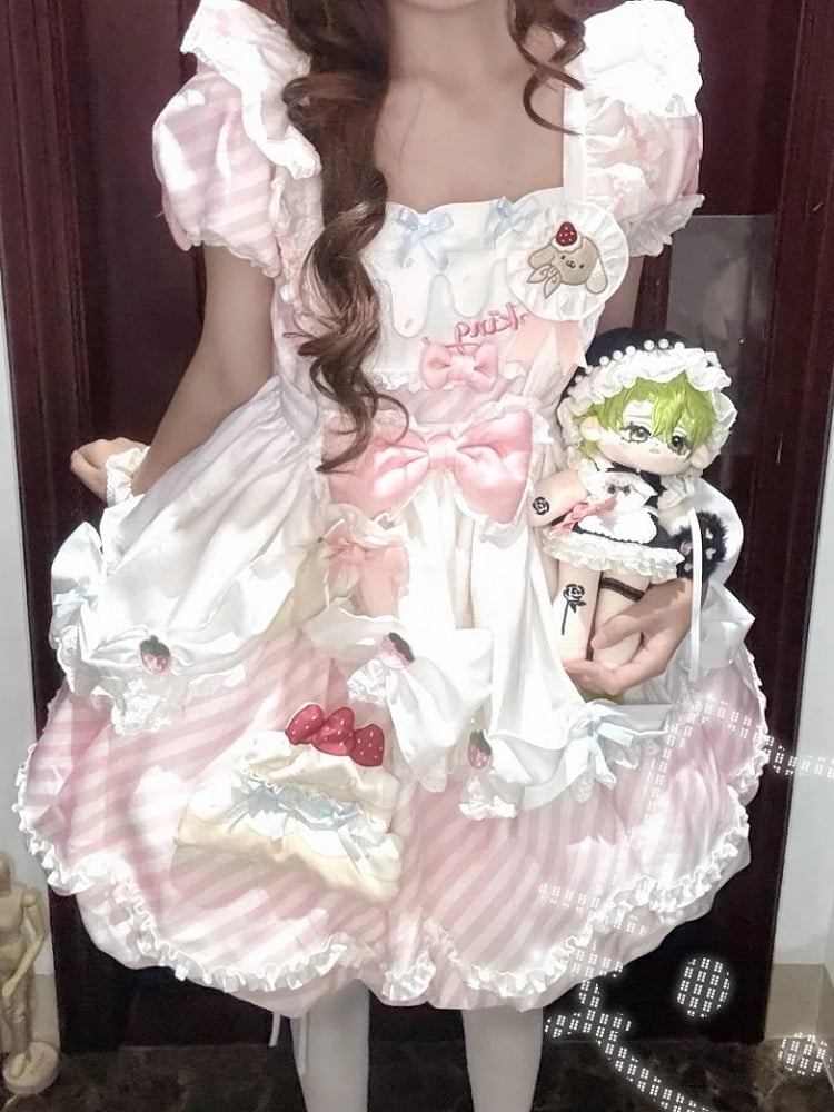 Hairband Train + Set Stripe Bubble Dress Full Lolita with Skirt Sleeves Cake Brooch Apron Sweet Pink Decor OP Puppy Bow Detachable