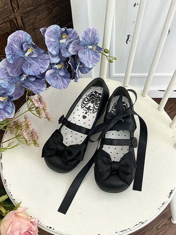Black Ballet Style Bowknot Lace-up Straps Lolita Shoes - Round Toe & 4.5cm Heel - MODO
