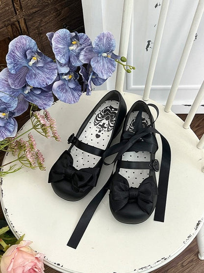 Black Ballet Style Bowknot Lace-up Straps Lolita Shoes - Round Toe & 4.5cm Heel - MODO