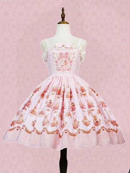 Pink Rabbit Print Lolita JSK Dress with Bow and Lace Details - Strawberry Witch