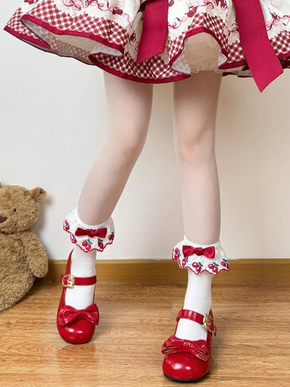 Two-Option Bow Ankle Socks in Red and White with Cherry Pattern - Fat Bear Story
