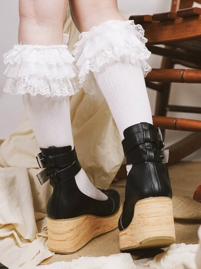 Janes in with Black Decor Buckles Closure Platform Ankle - Mary Layered PU