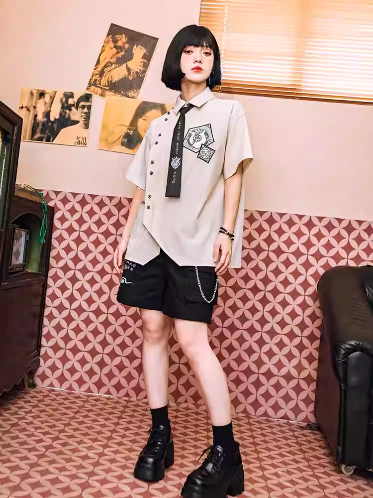 シャツ ホワイト アシンメトリー ボタン 半袖 プレッピー プラケット