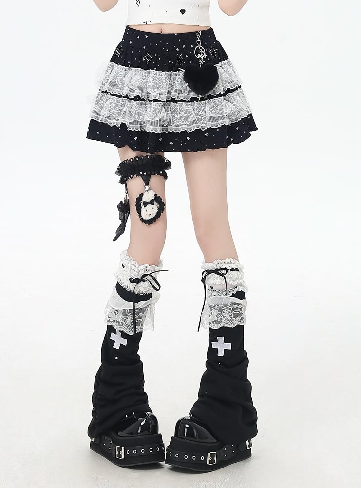 Rock Grau/Schwarz Elastische Taille Stern Applikationen Spitze Trim Tiered Strick Licht