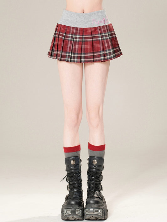 Pattern Plaid Embroidered Pleated Red/Pink Letter Skirt Glamorous