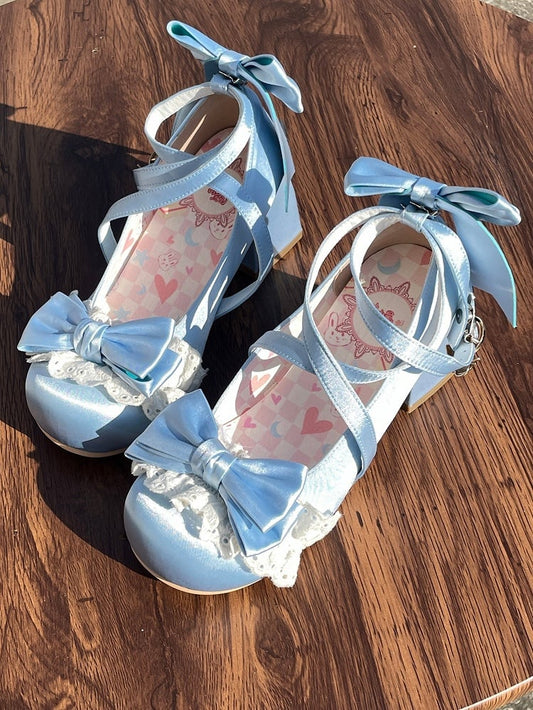 Blue Satin Mid-Heel Mary Janes with Bow Lace & Ice Cream Snap Decor - LU XIAO MAN