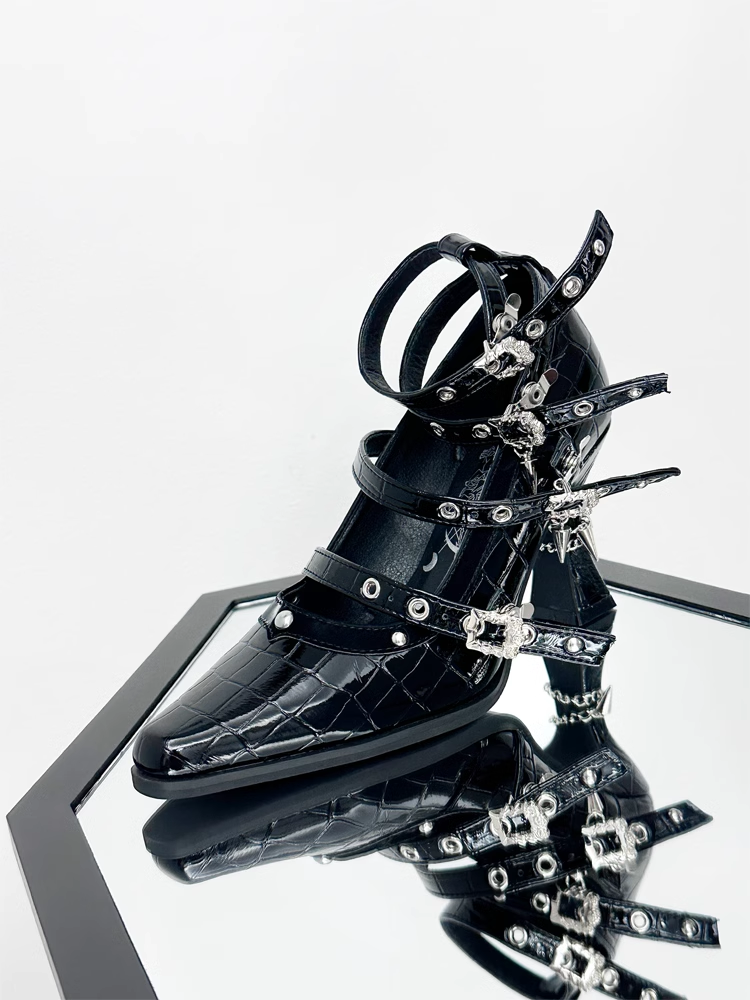 in Schnalle Leder Faux Poliert 8,5 cm Gothic Heel Hohe Krokodil Mehrere Heels Riemen mit Schwarz