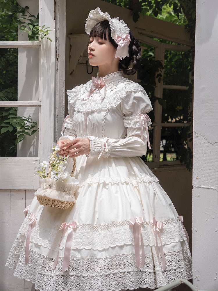 School Lolita Accents and OP Dress Pink Edward Old White Neck Cotton Bow Set