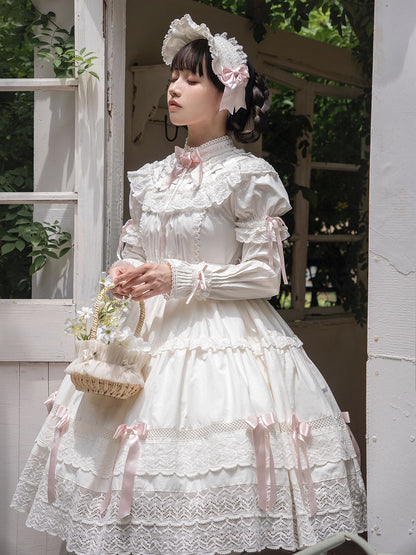 School Lolita Accents and OP Dress Pink Edward Old White Neck Cotton Bow Set